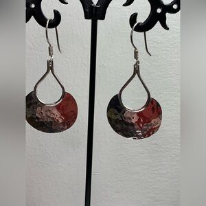 Vintage Mexico Hammered Sterling Silver Wide-Fan Shaped French Wire Earrings